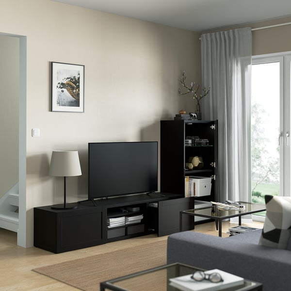 BESTÅ Combination TV/glass doors - brown-black/Hanviken transparent brown-black glass 240x42x129 cm ,