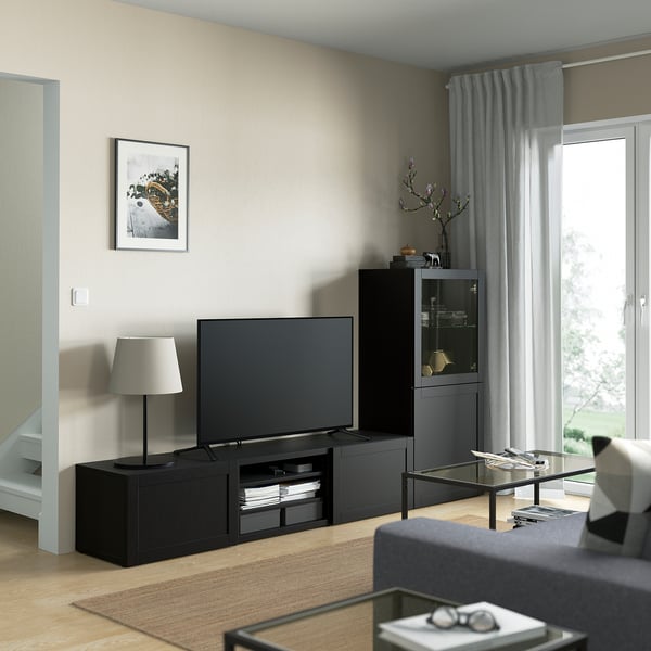 BESTÅ TV storage combination/glass doors, black-brown/Hanviken black-brown clear glass, 240x42x129 cm