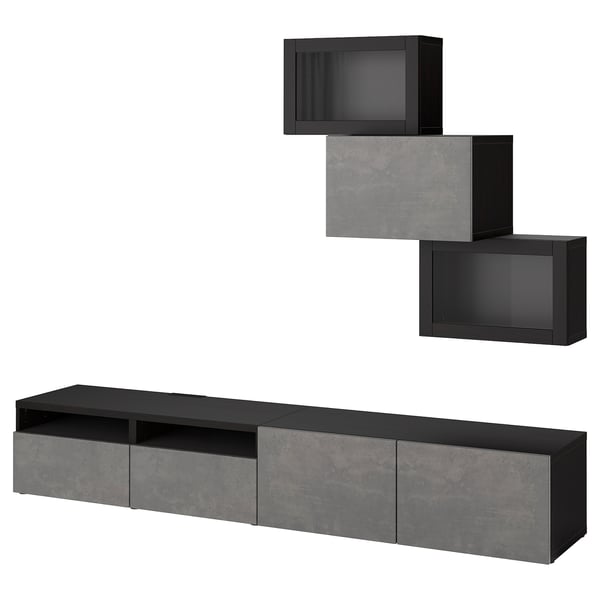 BESTÅ TV storage combination/glass doors, black-brown Kallviken/Hjortviken dark grey, 240x42x190 cm