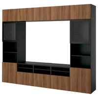 BESTÅ TV storage combination/glass doors, black-brown Lappviken/walnut effect clear glass, 300x42x231 cm