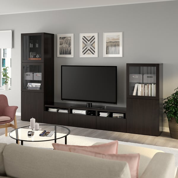 BESTÅ - BESTÅ TV storage combination/glass doors, black-brown/Lappviken black-brown clear glass, 300x42x193 cm