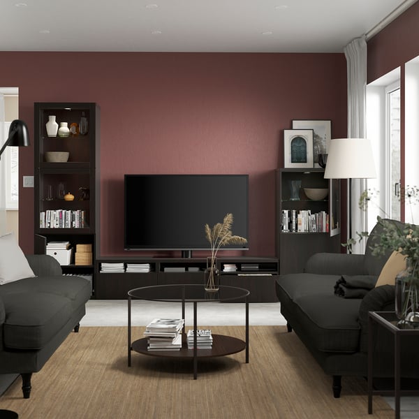 BESTÅ - BESTÅ TV storage combination/glass doors, black-brown/Lappviken black-brown clear glass, 300x42x193 cm