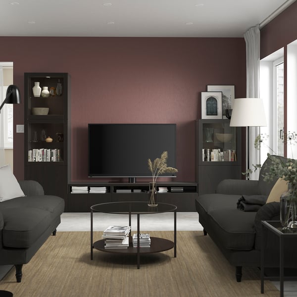 BESTÅ - BESTÅ TV storage combination/glass doors, black-brown/Lappviken black-brown clear glass, 300x42x193 cm