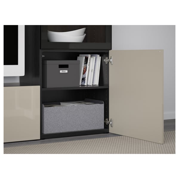 BESTÅ Glass TV/doors combination - brown-black/Glossy Selsviken/transparent beige glass 240x42x129 cm ,