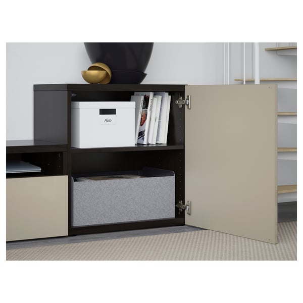 BESTÅ - TV set/glass combination, brown-black/Selsviken gloss/beige transparent glass, 300x42x211 cm