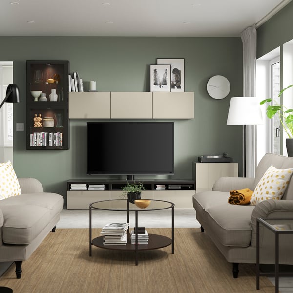 BESTÅ - TV set/glass combination, brown-black/Selsviken gloss/beige transparent glass, 300x42x211 cm