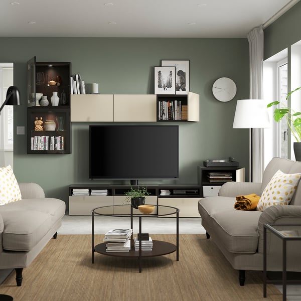 BESTÅ - TV set/glass combination, brown-black/Selsviken gloss/beige transparent glass, 300x42x211 cm
