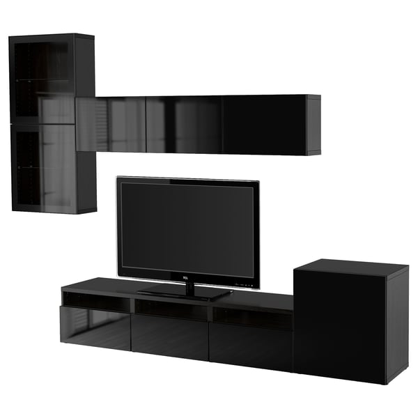 BESTÅ - BESTÅ TV storage combination/glass doors, black-brown/Selsviken high-gloss/black clear glass, 300x42x211 cm