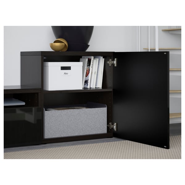 BESTÅ - BESTÅ TV storage combination/glass doors, black-brown/Selsviken high-gloss/black clear glass, 300x42x211 cm