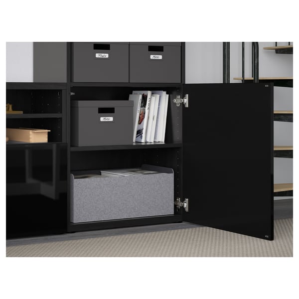 BESTÅ - BESTÅ TV storage combination/glass doors, black-brown/Selsviken high-gloss/black clear glass, 300x42x231 cm