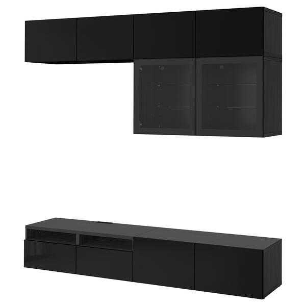 BESTÅ - BESTÅ TV storage combination/glass doors, black-brown/Selsviken high-gloss/black clear glass, 240x42x231 cm