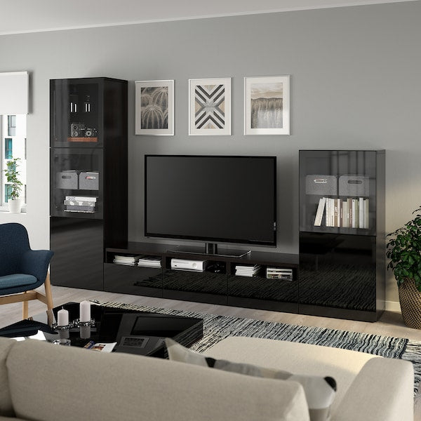 BESTÅ - TV storage combination/glass doors, black-brown/Selsviken high-gloss/black clear glass, 300x42x193 cm