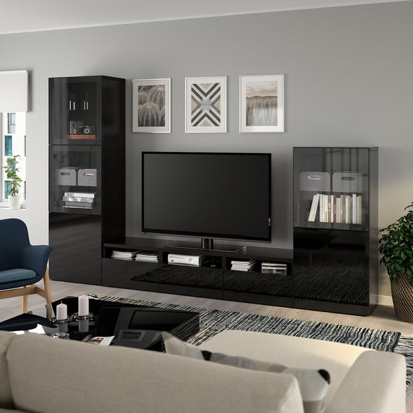 BESTÅ - BESTÅ TV storage combination/glass doors, black-brown/Selsviken high-gloss/black clear glass, 300x42x193 cm