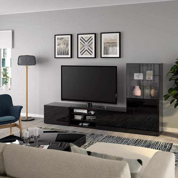 BESTÅ TV storage combination/glass doors, black-brown/Selsviken high-gloss/black clear glass, 240x42x129 cm