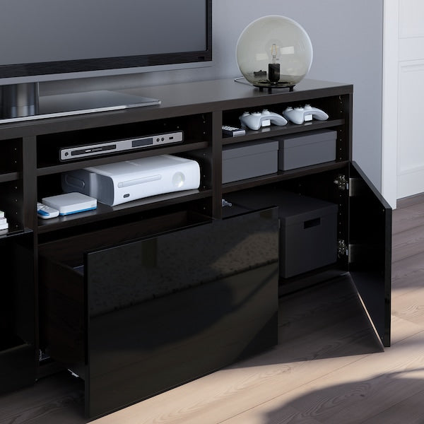 BESTÅ - TV storage combination/glass doors, black-brown/Selsviken high-gloss/black clear glass, 180x42x192 cm