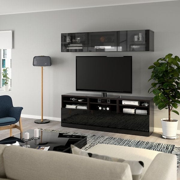Ikea BESTÅ - TV storage combination/glass doors, black-brown/Selsviken high-gloss/black clear glass, 180x42x192 cm