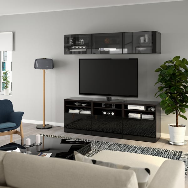 BESTÅ - BESTÅ TV storage combination/glass doors, black-brown/Selsviken high-gloss/black clear glass, 180x42x192 cm