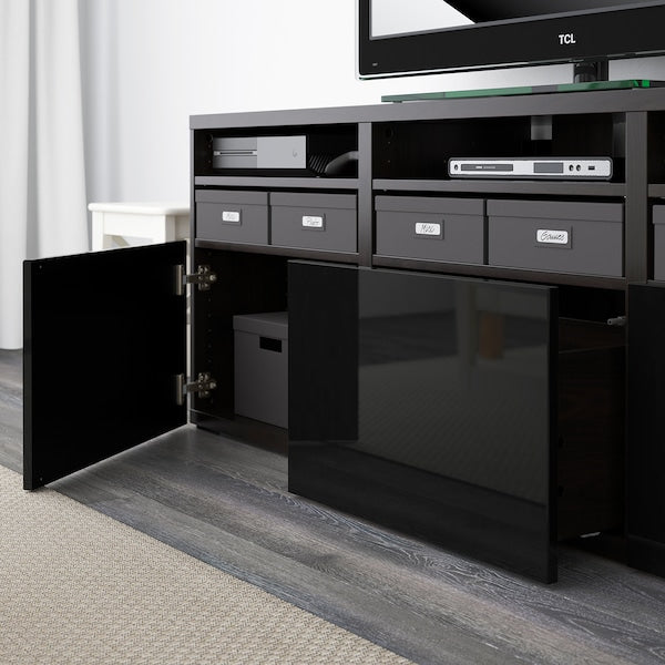 BESTÅ - TV storage combination/glass doors, black-brown/Selsviken high-gloss/black clear glass, 180x42x192 cm