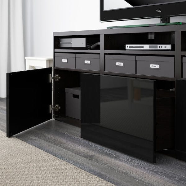 Ikea BESTÅ - TV storage combination/glass doors, black-brown/Selsviken high-gloss/black clear glass, 180x42x192 cm