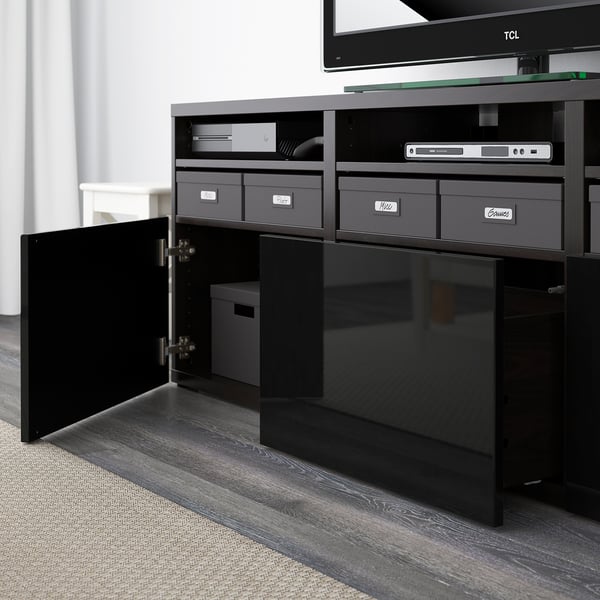 BESTÅ TV storage combination/glass doors, black-brown/Selsviken high-gloss/black clear glass, 180x42x192 cm