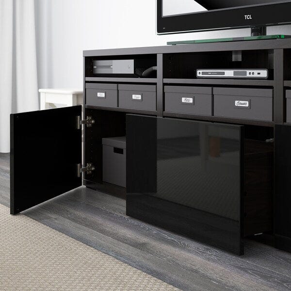Ikea BESTÅ - TV storage combination/glass doors, black-brown/Selsviken high-gloss/black clear glass, 180x42x192 cm