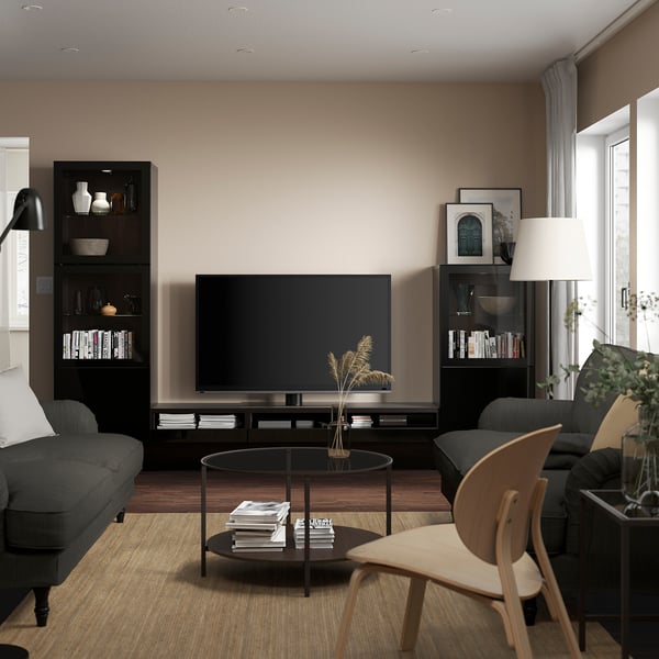 BESTÅ - BESTÅ TV storage combination/glass doors, black-brown/Selsviken high-gloss/black clear glass, 300x42x193 cm