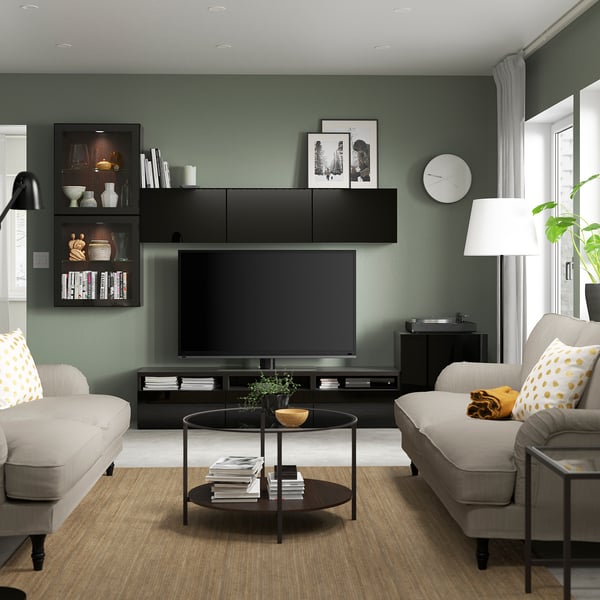 BESTÅ - BESTÅ TV storage combination/glass doors, black-brown/Selsviken high-gloss/black clear glass, 300x42x211 cm