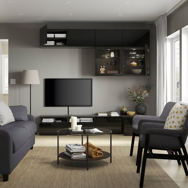 BESTÅ - BESTÅ TV storage combination/glass doors, black-brown/Selsviken high-gloss/black clear glass, 240x42x231 cm