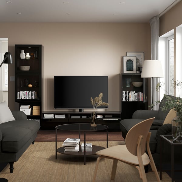 BESTÅ - BESTÅ TV storage combination/glass doors, black-brown/Selsviken high-gloss/black clear glass, 300x42x193 cm