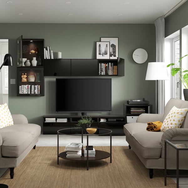 BESTÅ TV storage combination/glass doors, black-brown/Selsviken high-gloss/black clear glass, 300x42x211 cm