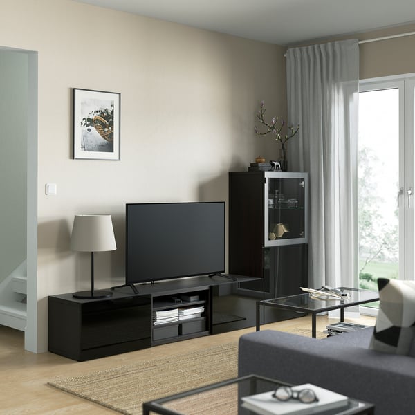 BESTÅ - BESTÅ TV storage combination/glass doors, black-brown/Selsviken high-gloss/black clear glass, 240x42x129 cm
