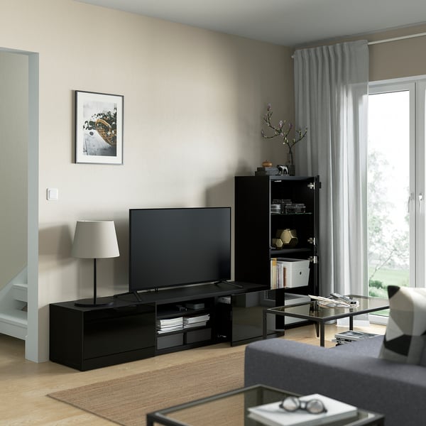 BESTÅ - BESTÅ TV storage combination/glass doors, black-brown/Selsviken high-gloss/black clear glass, 240x42x129 cm