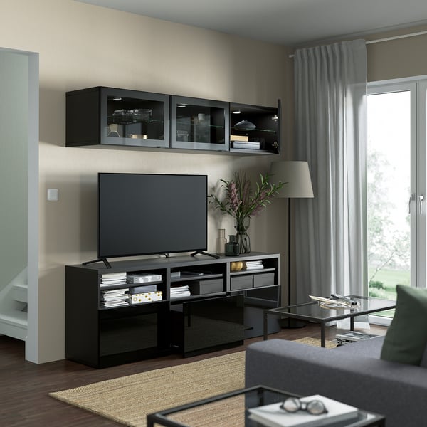 BESTÅ - BESTÅ TV storage combination/glass doors, black-brown/Selsviken high-gloss/black clear glass, 180x42x192 cm