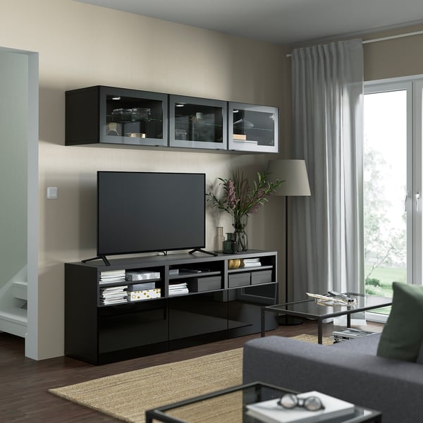 BESTÅ - BESTÅ TV storage combination/glass doors, black-brown/Selsviken high-gloss/black clear glass, 180x42x192 cm