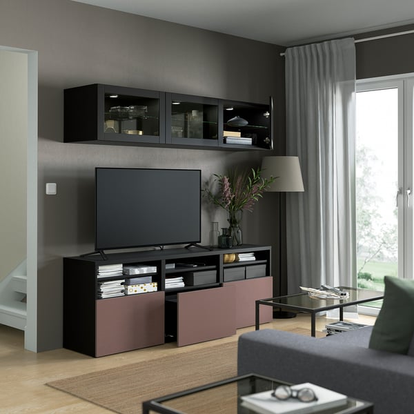 BESTÅ TV storage combination/glass doors, black-brown Sindvik/Hjortviken brown, 180x42x192 cm