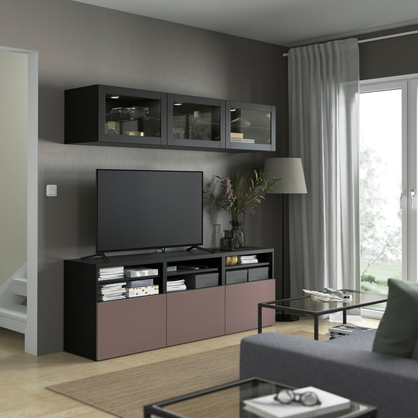 BESTÅ TV storage combination/glass doors, black-brown Sindvik/Hjortviken brown, 180x42x192 cm