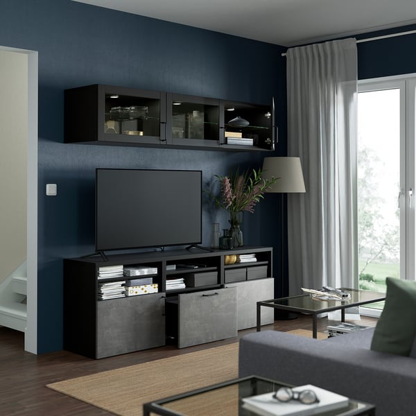 BESTÅ TV storage combination/glass doors, black-brown Sindvik/Kallviken dark grey, 180x42x192 cm