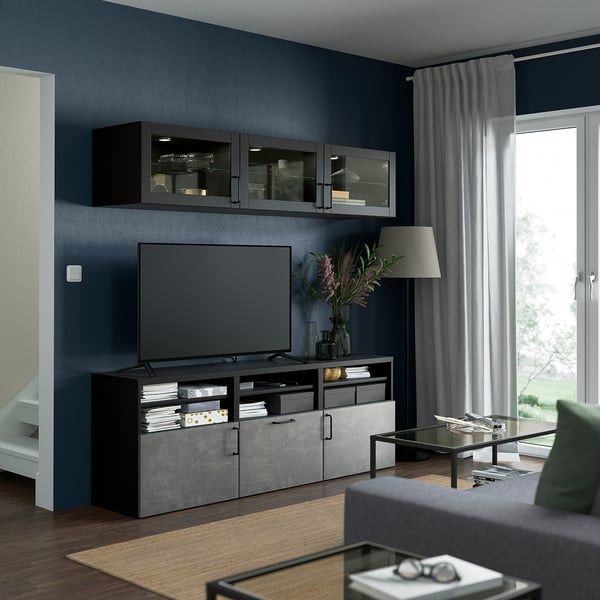 BESTÅ - BESTÅ TV storage combination/glass doors, black-brown Sindvik/Kallviken dark grey, 180x42x192 cm