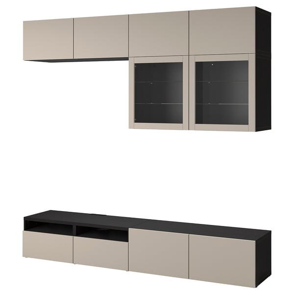 BESTÅ - BESTÅ TV storage combination/glass doors, black-brown Sindvik/Lappviken light grey/beige, 240x42x231 cm