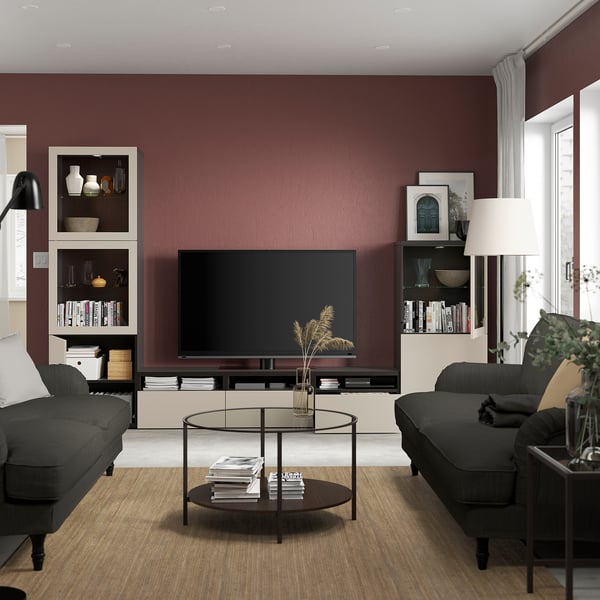 BESTÅ - BESTÅ TV storage combination/glass doors, black-brown Sindvik/Lappviken light grey/beige, 300x42x193 cm