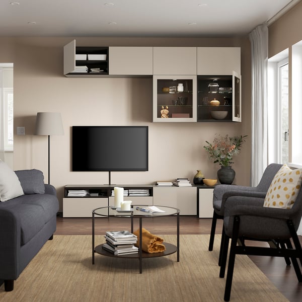 BESTÅ - BESTÅ TV storage combination/glass doors, black-brown Sindvik/Lappviken light grey/beige, 240x42x231 cm