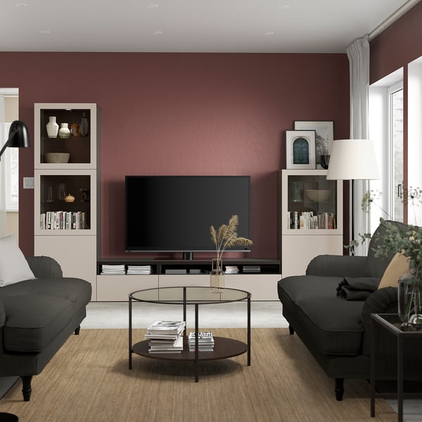 BESTÅ - BESTÅ TV storage combination/glass doors, black-brown Sindvik/Lappviken light grey/beige, 300x42x193 cm