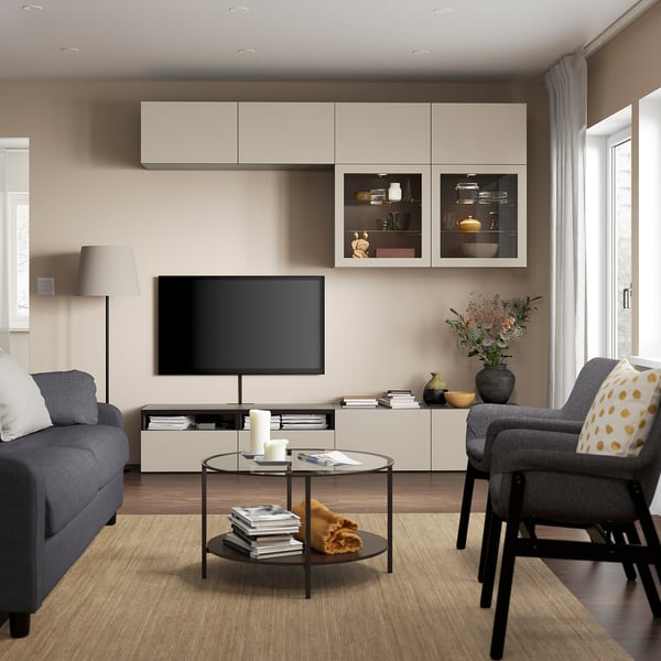 BESTÅ - BESTÅ TV storage combination/glass doors, black-brown Sindvik/Lappviken light grey/beige, 240x42x231 cm