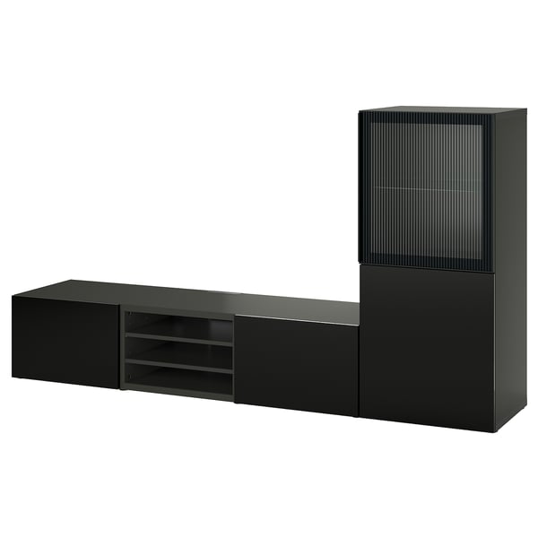BESTÅ - BESTÅ TV storage combination/glass doors, black Selsviken/Fällsvik anthracite, 240x42x129 cm
