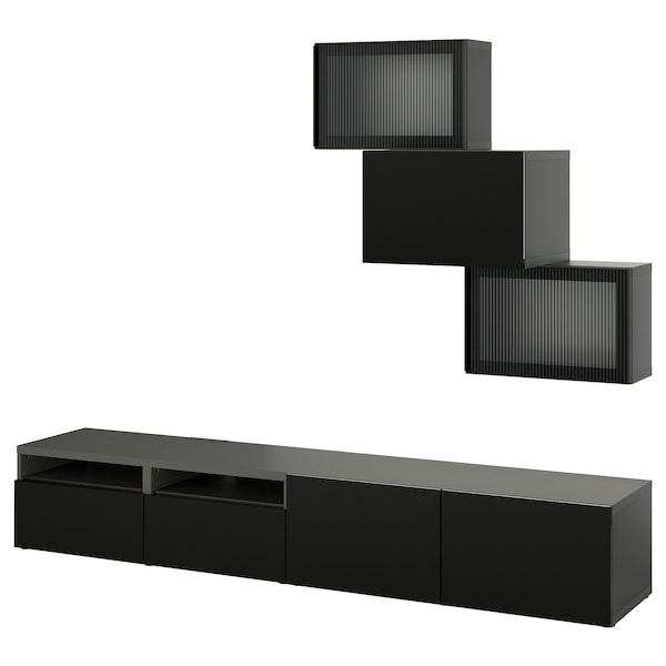 BESTÅ - TV storage combination/glass doors, black Selsviken/Fällsvik anthracite, 240x42x190 cm