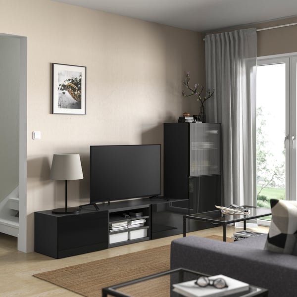 BESTÅ - BESTÅ TV storage combination/glass doors, black Selsviken/Fällsvik anthracite, 240x42x129 cm