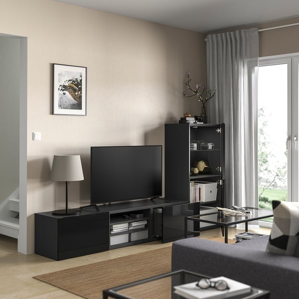 BESTÅ - BESTÅ TV storage combination/glass doors, black Selsviken/Fällsvik anthracite, 240x42x129 cm