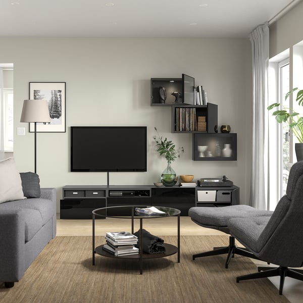 BESTÅ - BESTÅ TV storage combination/glass doors, black Selsviken/Fällsvik anthracite, 240x42x190 cm