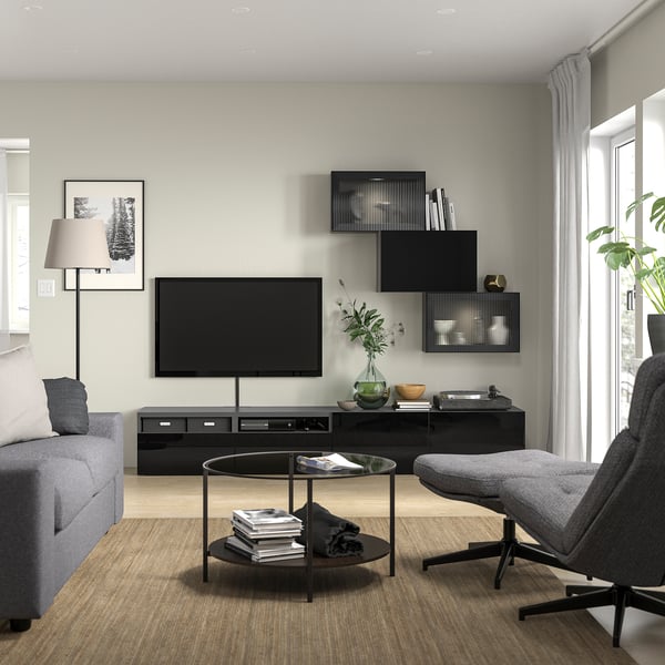 BESTÅ - BESTÅ TV storage combination/glass doors, black Selsviken/Fällsvik anthracite, 240x42x190 cm