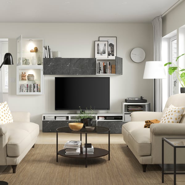 BESTÅ - TV storage combination/glass doors, white Glassvik/Bergsviken black, 300x42x211 cm